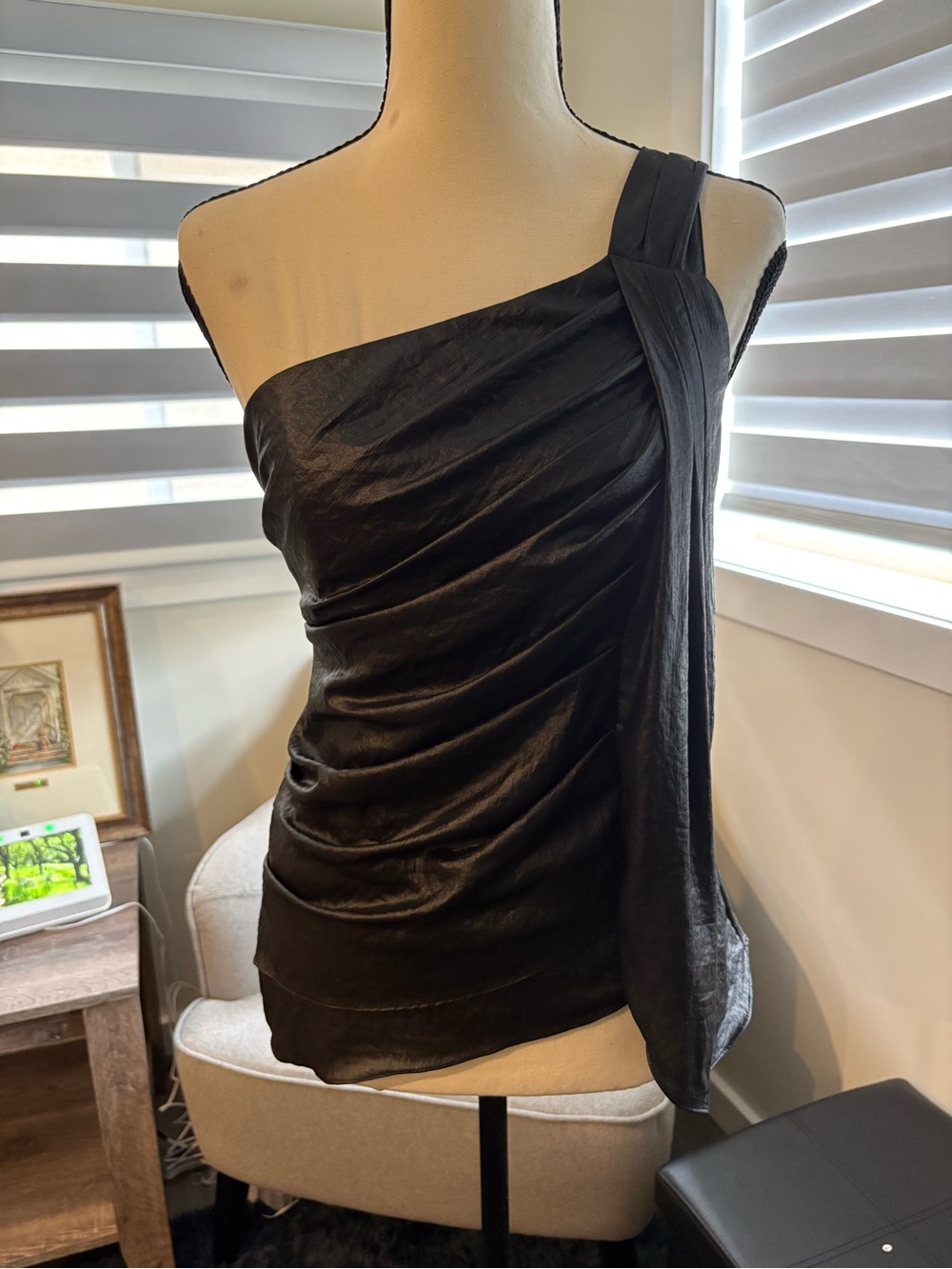 BCBGMaxAzria One-Shoulder Black Draped Cocktail Top - Picture 3 of 5